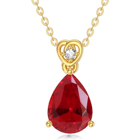 14k Gold Pear Gemstone Birthstone Necklace with Real Diamond(I2-I3 Clarity),2 Carat Teardrop Created Birthstone Anniversary Birthday Mother's Day Necklaces for Women Mom Her
