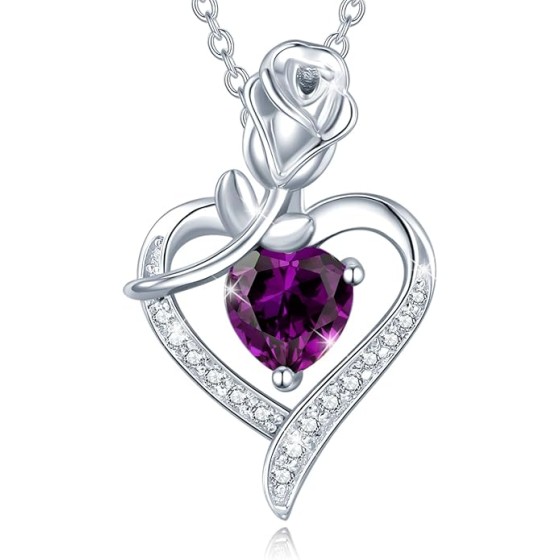 AGVANA Rosy Reverie Birthstone Necklace for Women Sterling Silver Genuine or Created Gemstone Rose Flower Heart Pendant Necklace Anniversary Birthday Gifts for Women Mom Wife Her