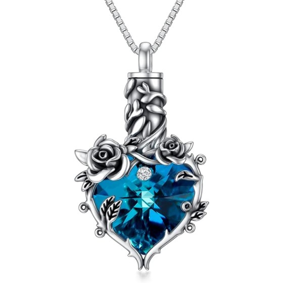 TOUPOP Rose Cremation Necklace Jewelry Urn Necklace for Ashes with Heart Crystal 925 Sterling Silver Cremation Necklace for Ashes Memorial Gift for Women Girls Keepsake
