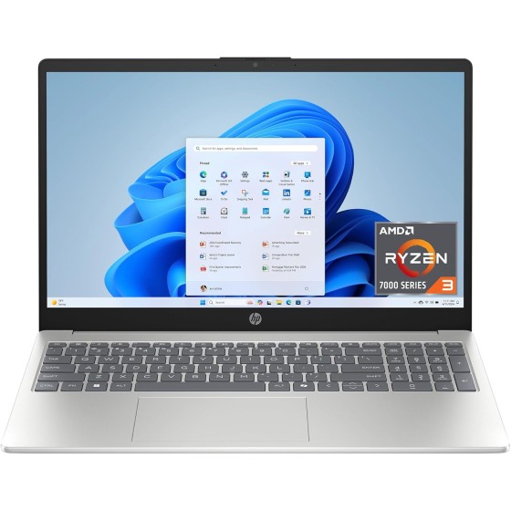 HP 15.6 inch Laptop, HD Touchscreen Display, AMD Ryzen 3 7320U, 8 GB RAM, 256 GB SSD, AMD Radeon Graphics, Windows 11 Home, Natural Silver, 15-fc0399nr