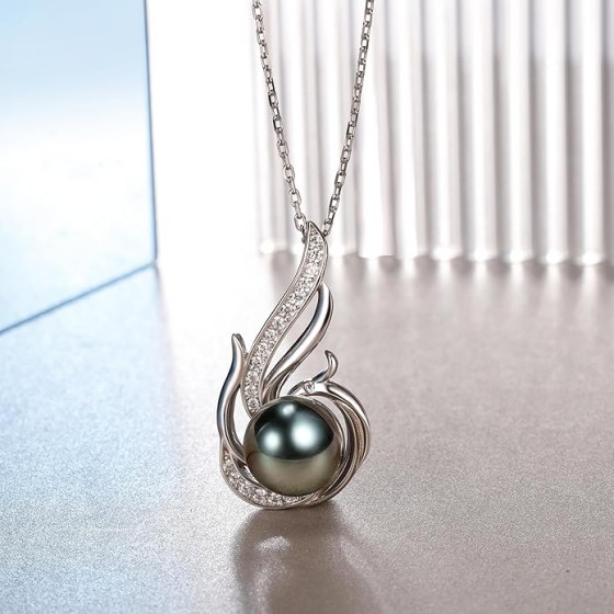 Tahitian Black Pearl Necklace for Women – 10-11mm Phoenix Pendant with 925 Sterling Silver 18" Chain – Elegant Gift for Her