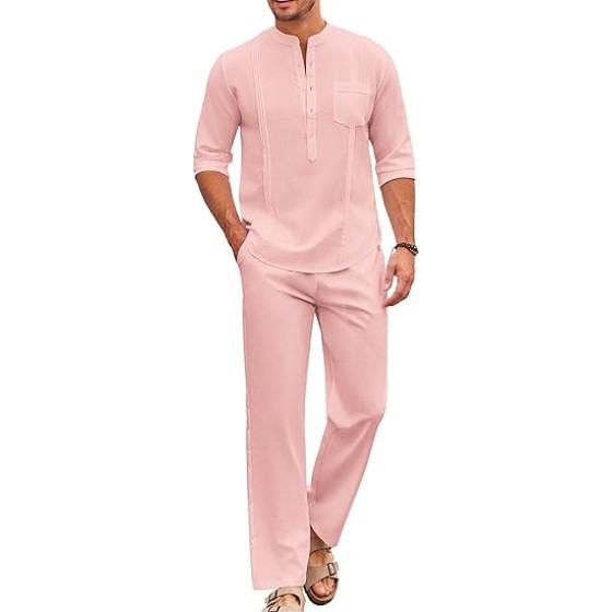 COOFANDY Men's 2 Piece Cotton Sets Casual Long Sleeve Cuban Henley Shirt and Loose Pants Set Beach Vacation Outfits
