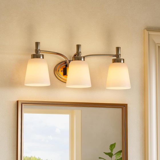 Tribesigns Bathroom Vanity Light Over Mirror, 3 Light Brushed Nickel Bathroom Light Fixtures with Frosted Glass, Modern Vanity Lighting Wall Mount for Hallway Bedroom, Milk White
