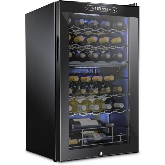 SCHMECKE 33 Bottle Dual Zone Wine Cooler Refrigerator w/Lock | Large Freestanding Wine Cellar | 41f-64f Digital Temperature Control Wine Fridge For Red, White, Champagne or Sparkling Wine - Black