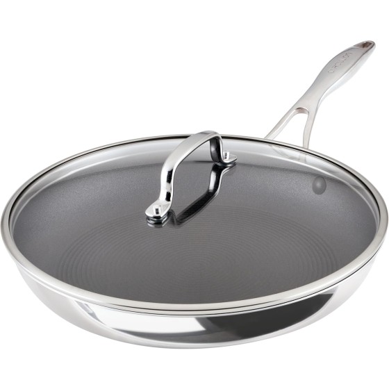 Circulon C1 Series Clad Stainless Steel with ScratchDefense Technology Cookware Nonstick Induction Frying Pan/Skillet with Lid, Metal Utensil Safe, 12.5 Inch Fry Pan - Polished Stainless Steel