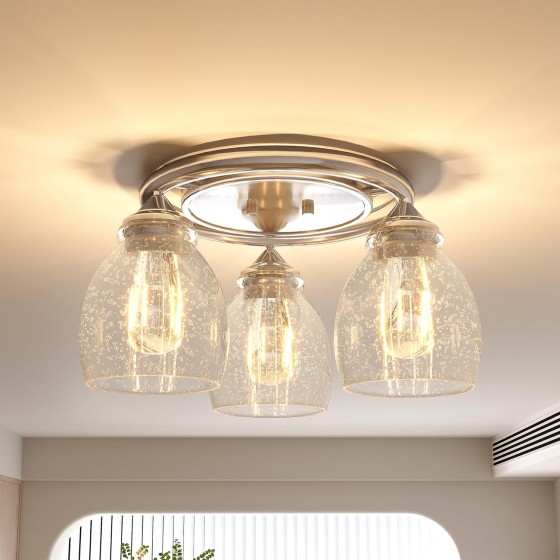 Tribesigns 3-Lights Ceiling Lamp with E26 Base, Modern Sand Nickel Ceiling Light Fixture with Clear Bubble Glass, Kitchen Light Fixtures for Hallway Foyer Entryway Bedroom