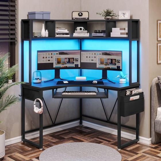 SEDETA Corner Desk, Small Computer Desk with Hutch & LED Lights, Triangle Corner Computer Desk with Keyboard Tray, Storage Bag, and Headphone Hook for Small Space, Small Office Desk, Black
