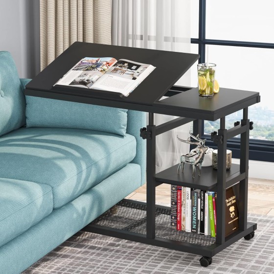 Tribesigns Height Adjustable C Table with Wheels, Mobile Couch Snack Side Table with Tiltable Drawing Board, Sofa Bedside Laptop Stand C Shaped TV Tray with Storage Shelves