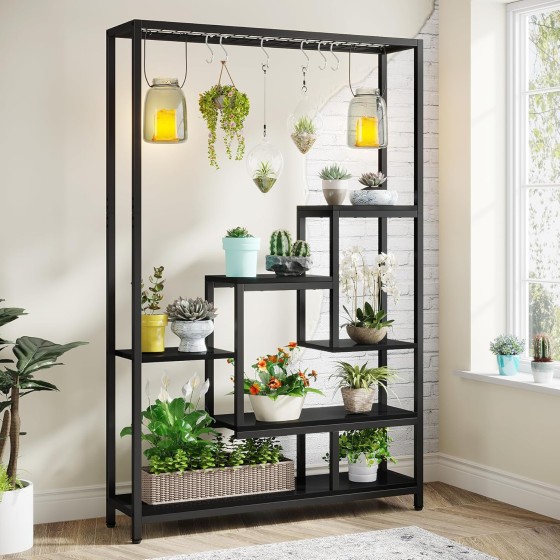 Tribesigns 5-Tier Tall Indoor Plant Stand, 70.9 inches Large Metal Plant Shelf with 6PC S Hanging Hooks, Multi-Purpose Flower Bonsai Pots Display Rack for Indoor, Garden, Balcony, Living Room