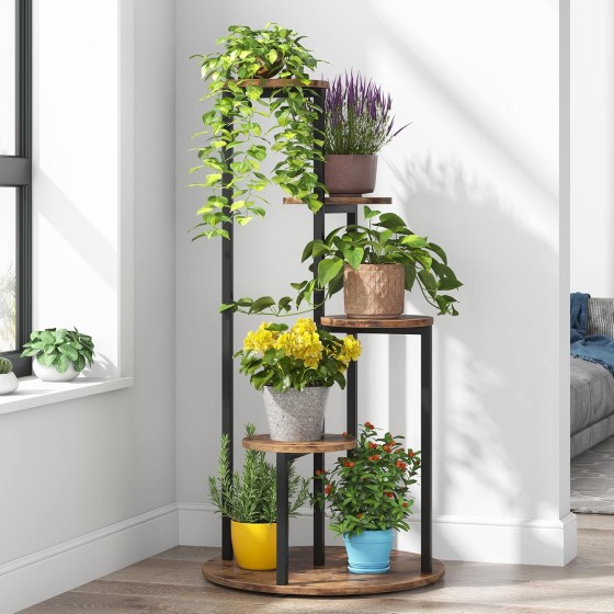 Tribesigns Corner Plant Stand Indoor, 4-Tier Tall Plant Shelf Holders for Multiple Potted Plants, Wood Flower Pot Stands with Metal Frame for Balcony Garden Patio, Easy Assembly (Rustic Brown)