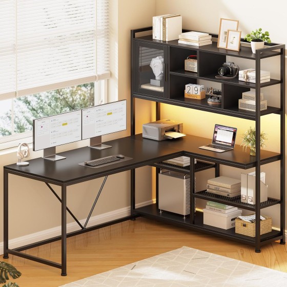 SEDETA L Shaped Computer Desk, 58'' Office Desk with LED Light and Bookshelf, L Shaped Corner Desk with Storage Shelves for Home Office, Gaming Desk