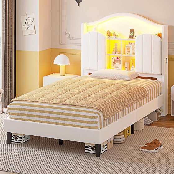Twin Size Bed Frame with LED Lights, Princess Velvet Upholstered Platform Bed for Girls, Headboard with Charging Station & Hidden Storage, No Box Spring Needed, Creamy White