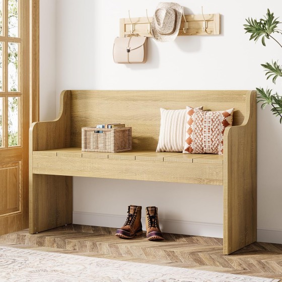 Tribesigns Entryway Bench with Back, 43.3" Farmhouse Wooden Indoor Bench, End of Bed Stool for Bedroom, Living Room, Dining Room, Easy Assembly, Natural
