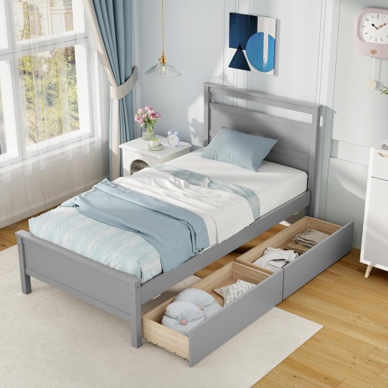 Giantex Wood Twin Bed with 2 Storage Drawers, Solid Wood Platform Bed with Headboard, Single Bed Wooden Slats Support, No Spring Needed, Twin Bed Frame for Kids, Teens, Adults