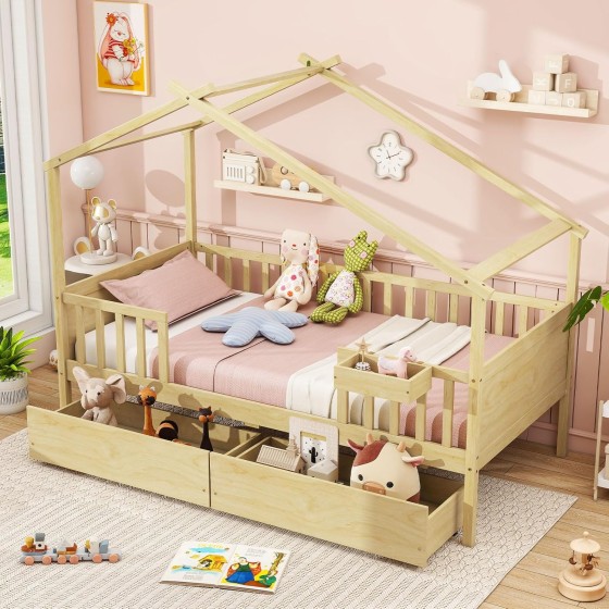 Giantex Twin House Bed with Drawers, Wooden Twin Bed Frame with Cube Storage & Fence Rails, Montessori Beds for Kids Boys, Girls, Bedroom, Living Room, No Box Spring Needed