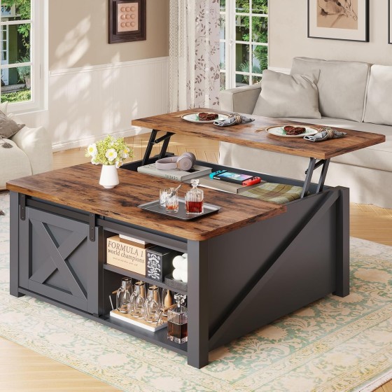 SEDETA 31.5" Lift Top Coffee Table with Storage, Square Coffee Tables for Living Room, Farmhouse Coffee Table with Large Hidden Storage Compartment and Adjustable Shelves, Black