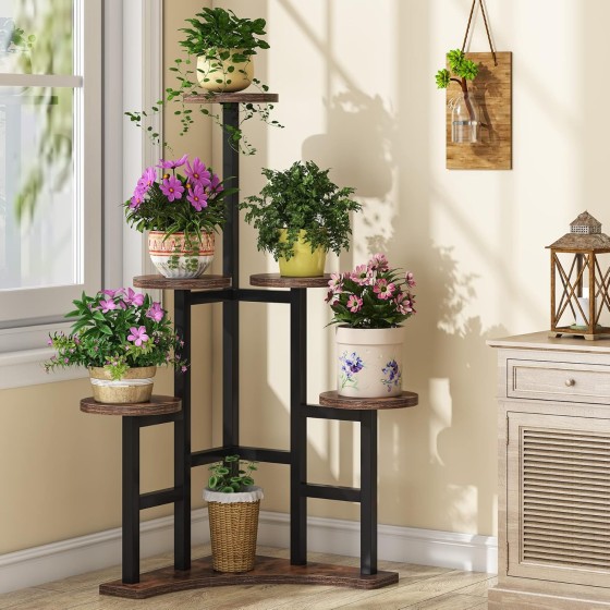 Tribesigns Corner Plant Stand Indoor, 6 Tiered Plant Shelf Flower Stand, Tall Multiple Potted Plant Holder Rack Planter Organizer for Living Room Balcony Garden, Rustic Brown