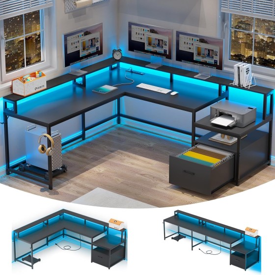 SEDETA L Shaped Gaming Desk, 66" Home Office Desk with File Drawer & Power Outlet, Corner Gaming Computer Desk with Led Lights, Monitor Shelf and Printer Storage Shelves, Two Person Desk, Black