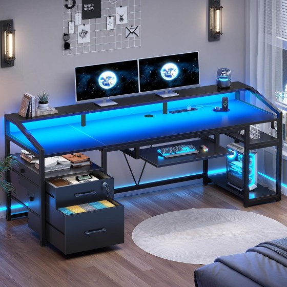 SEDETA 63" Computer Desk, Office Desk with Lockable Drawers for Legal/Letter File, Gaming Desk with LED Lights & Power Outlet, Home Office Desks with Storage, Black