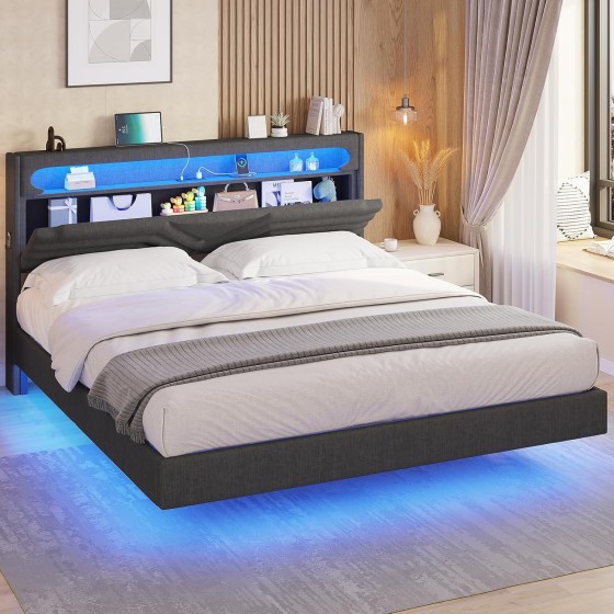 Full Floating Bed Frame with LED Light Headboard, Type-C & USB Charging Station, Upholstered Platform Bed Frame Full Size with Storage Headboard, Solid Wood Slats, Dark Gray