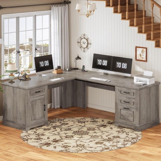 SEDETA 69" L Shaped Desk with Drawers and Storage, Farmhouse Computer Desk with File Drawers and Power Outlet, Corner Executive Desk with Storage Cabinet for Home Office