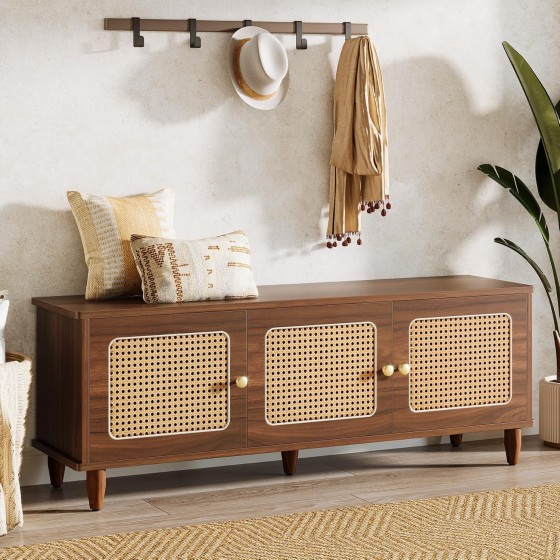 Tribesigns Shoe Bench with Lift Top Storage, 2-Tier Entryway Bench with Rattan Doors, 55" Large Shoe Cabinet with Hidden Storage & Seat for Entryway, Hallway, Living Room (Rustic Brown)