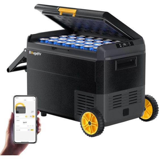 BougeRV 12 Volt Refrigerator, CRS 53 Quart 12V Car Fridge, Portable Freezer (-4℉ to 68℉) with APP Control, Compressor Electric Cooler with Wheels 12/24V DC 110~240 Volt AC for Truck RV Camping Van